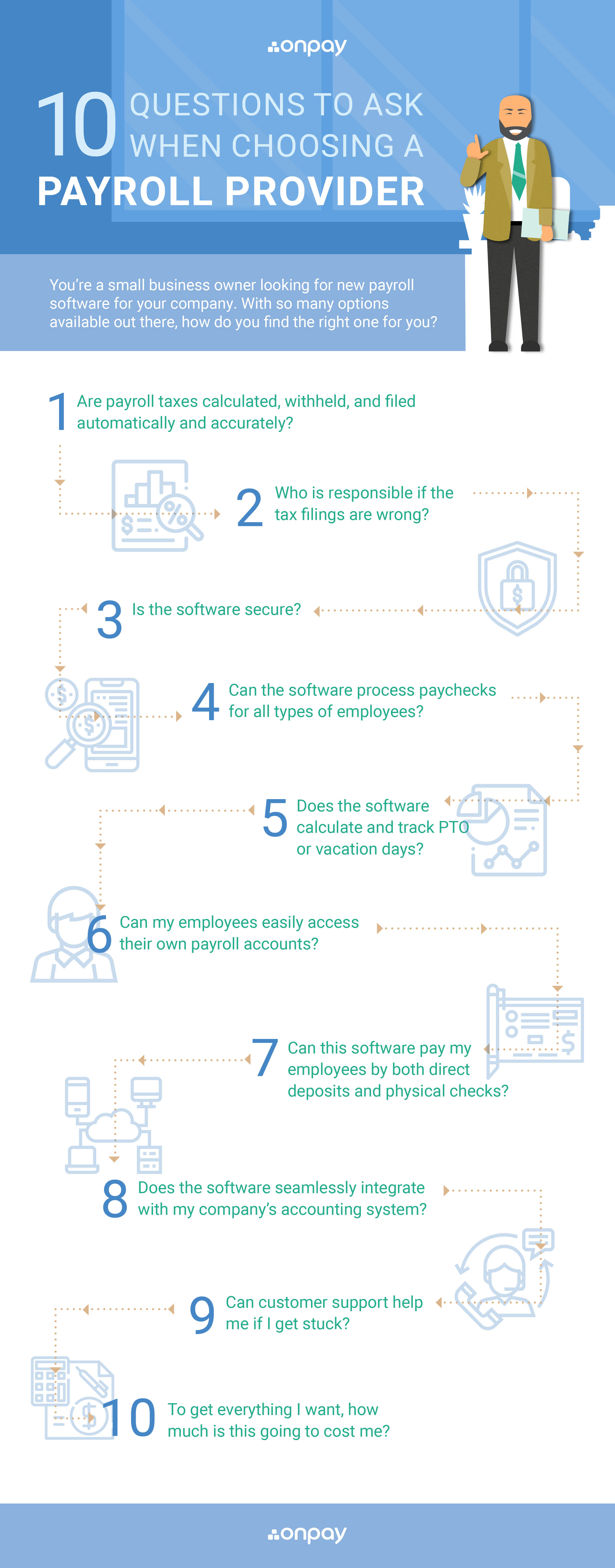 Infographic showing 10 key factors for choosing a good payroll provider.