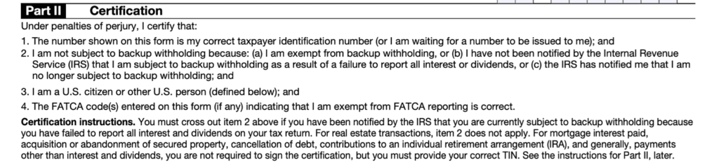 Part Two of Form W-9 - certification section