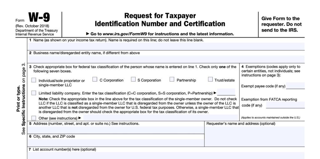 Form W-9 section for freelancer or contractor to add their information