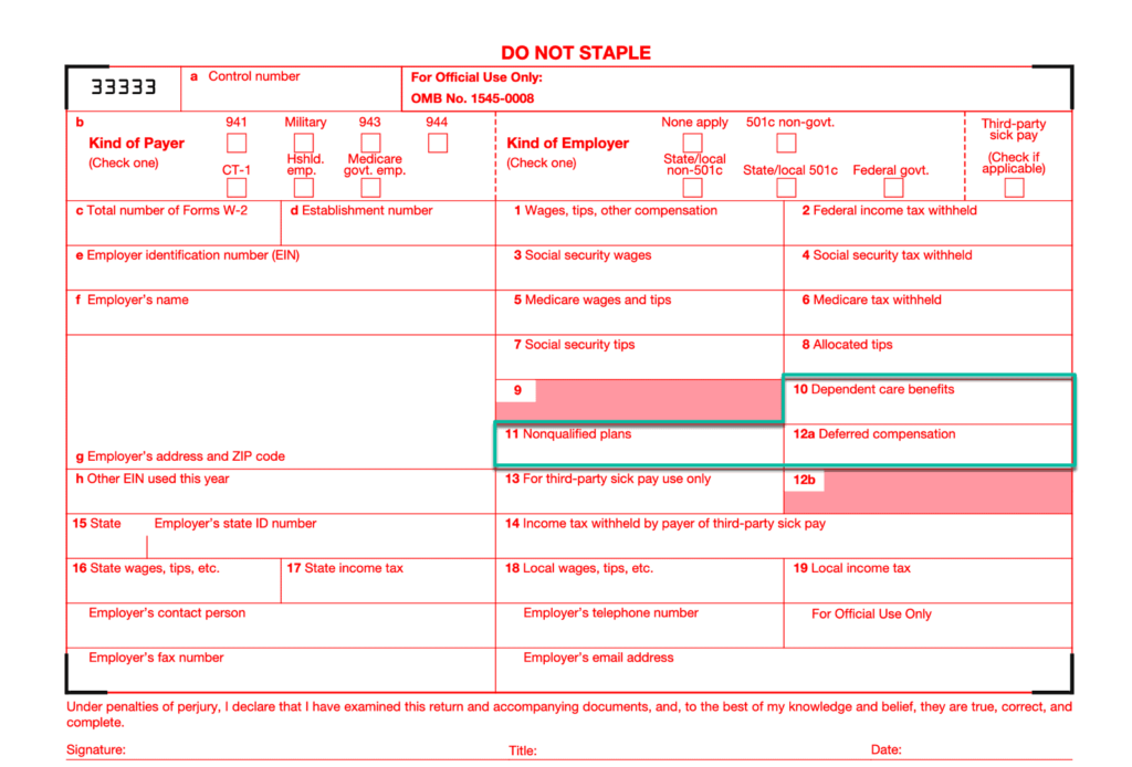 Screenshot of Form W3 Boxes 10, 11, and 12a