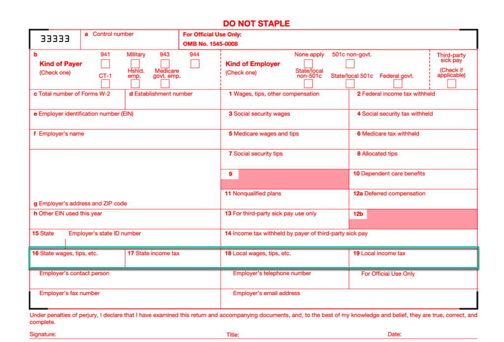 Screenshot of Form W3 Boxes 16 - 19