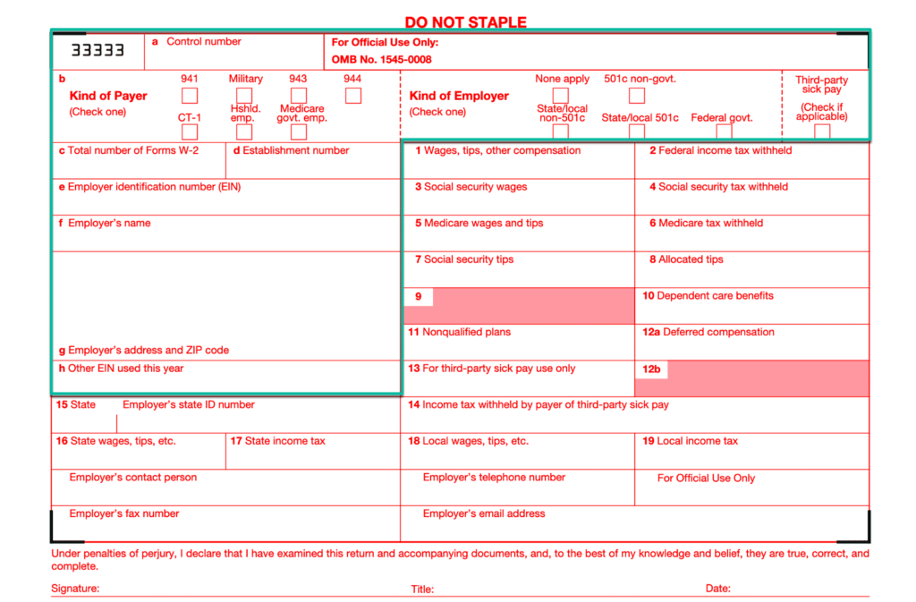 Screenshot of Form W3 Boxes a through h