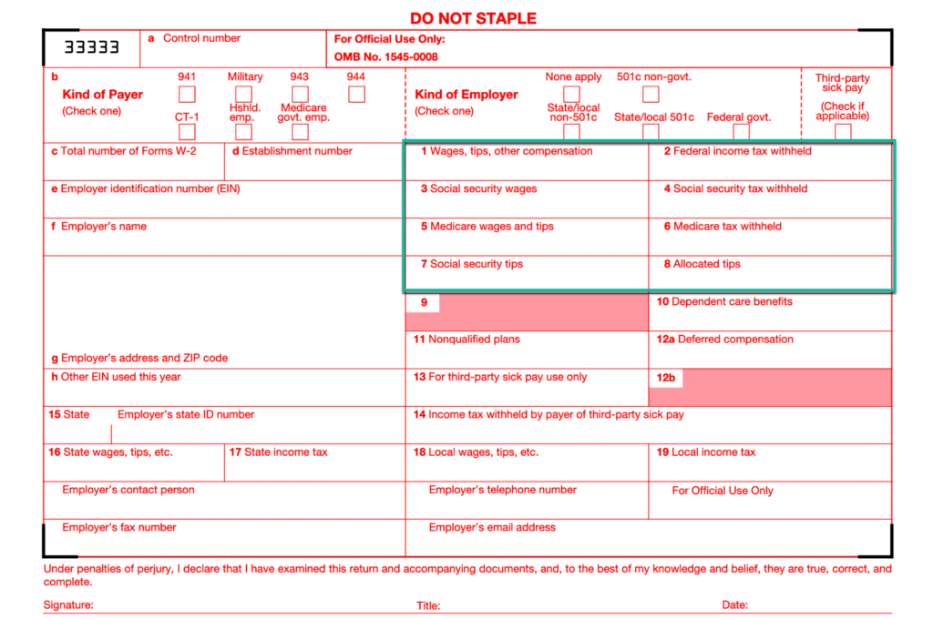 Screenshot of Form W3 boxes 1 through 8