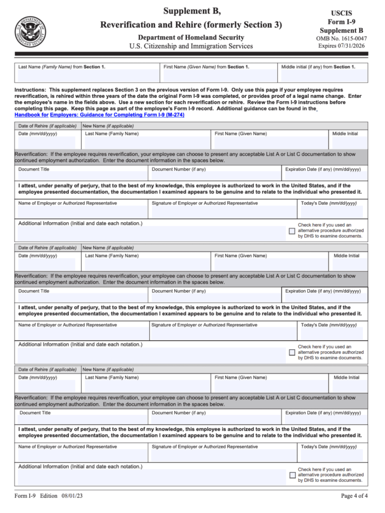 I-9 Form Update 2023 Supplement B Reverification nad Rehire (formerly section 3)