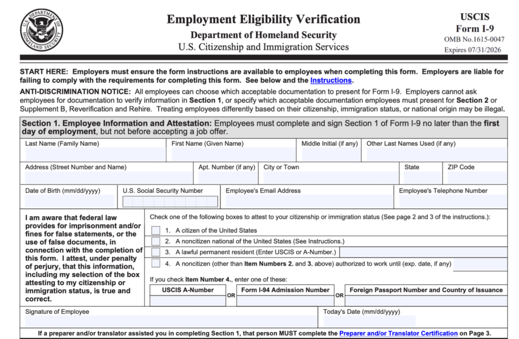 Updated I-9 Form 2023 Section One Employee Information and Attestation.png