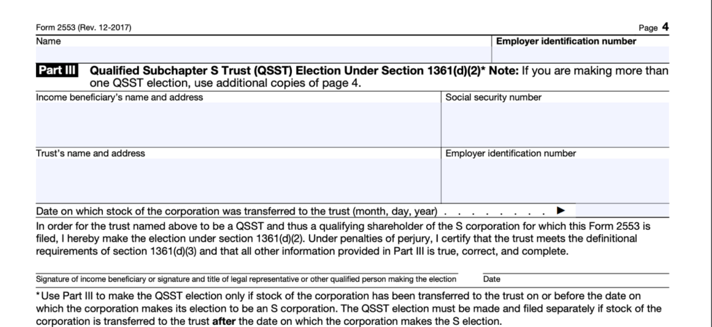 Form 2553 Part Three screenshot